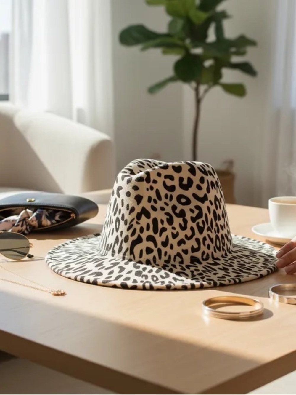 Leopard Print Wide Brim Fedora Hat - Cream & Black